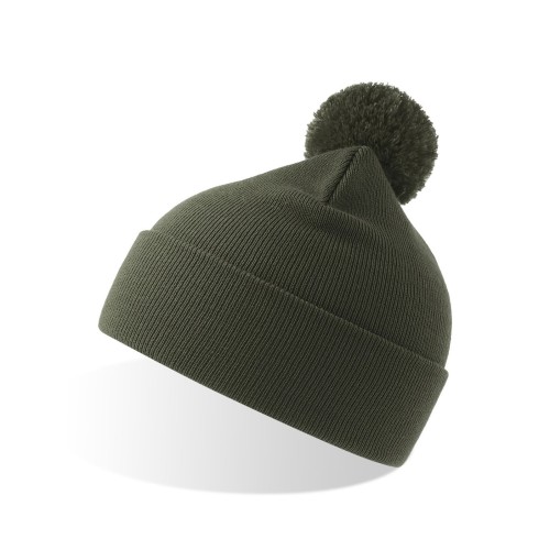 Шапка вязаная  двойная Wind-S, с отворотом и помпоном, оливковый, 100% переработанный полиэстер