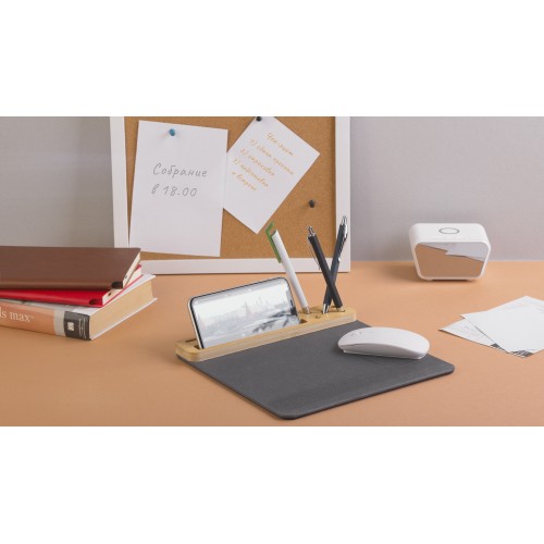 Настольная подставка с беспроводным зарядным устройством, переработанная кожа/бамбук, серый с бежевым