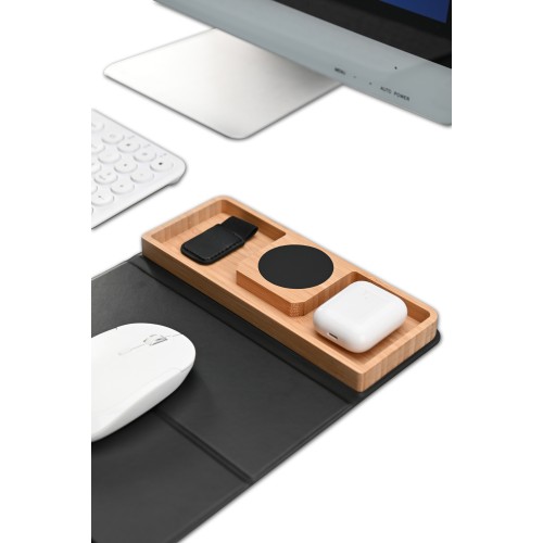 Коврик-трансформер с органайзером на магнитах с беспроводным (15W) ЗУ с подсветкой логотипа, черный с бежевым