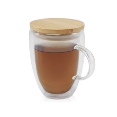 Стеклянная кружка Leona объемом 350 мл с бамбуковой крышкой - прозрачный