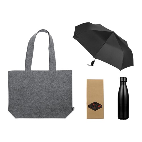 Подарочный набор с зонтом и термобутылкой в шопере, черный