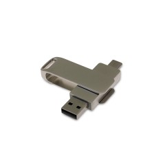 USB 3.0- флешка на 16 Гб поворотный механизм 2 в 1, c дополнительным разъемом Type-C с одноцветным металлическим клипом, серый