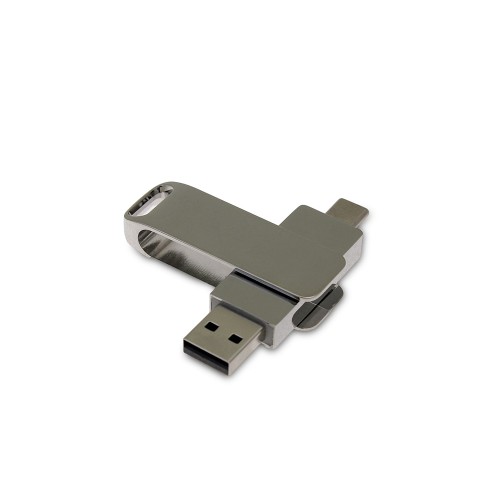 USB 3.0- флешка на 16 Гб поворотный механизм 2 в 1, c дополнительным разъемом Type-C с одноцветным металлическим клипом, серебристый