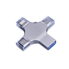 USB-флешка на 32 Гб 4 в 1 поворотный механизм, c дополнительными разъемами MicroUSB, TypeC и Lightning, серебристый