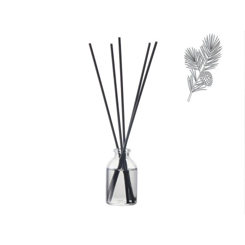 Диффузор с ароматом Еловые шишки и хвоя, 30мл, стекло, пробка, палочки 5 шт., мешочек из органзы черный