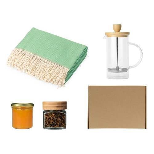 Подарочный набор с пледом, френчпрессом, чаем и вареньем, зеленый