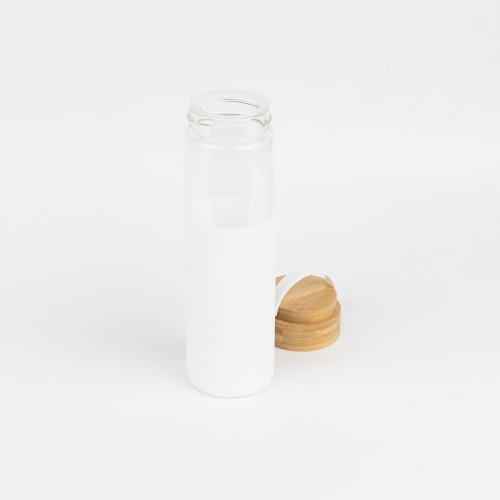 Бутылка стеклянная с силиконовой манжетой и бамбуковой крышкой  Glass, белая