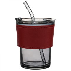 Стакан стеклянный с трубочкой и капхолдером Karamel, бордовый