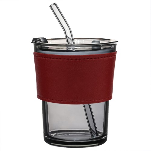 Стакан стеклянный с трубочкой и капхолдером Karamel, бордовый