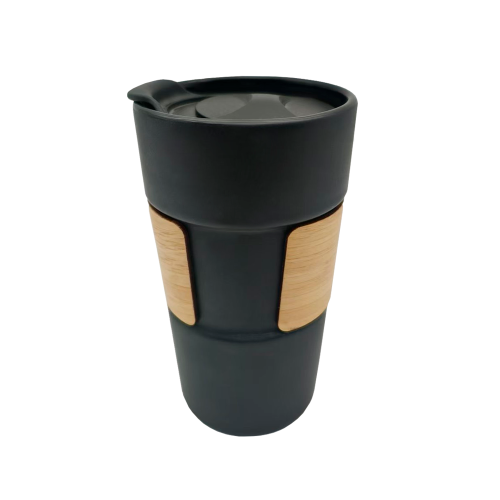 Кружка керамическая с деревянной манжетой Nexus, чёрная