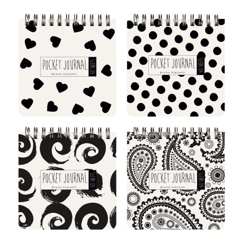 quot;POCKET JOURNALquot; 105 х 105 мм, 60 Л, (4 ВИДA) НА ГРЕБНЕ quot;BLACKamp;WHITEquot;, Белый/Чёрный, BV3-654