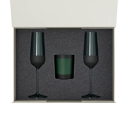 Подарочный набор свеча Энигма (Enigma) + 2 бокала для шампанского Эмеральд (Emerald) в серой коробке
