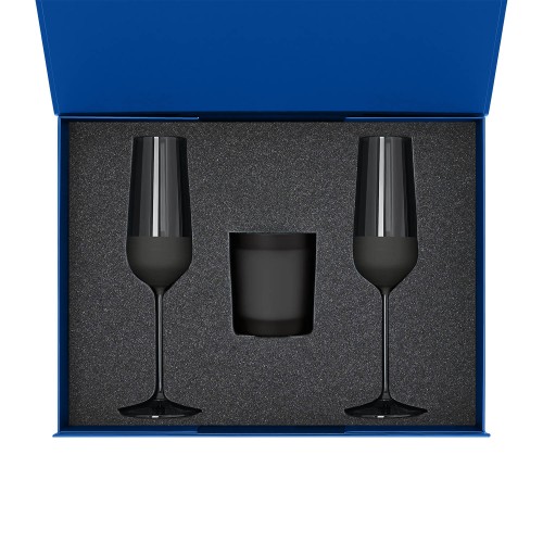 Подарочный набор свеча Энигма (Enigma) + 2 бокала для шампанского Блэк Эдишн (Black Edition) в синей коробке