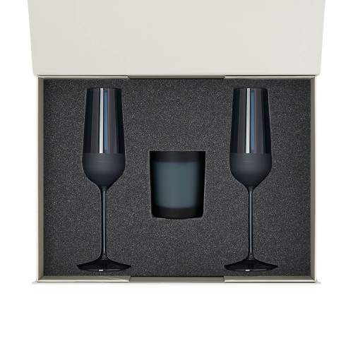 Подарочный набор свеча Энигма (Enigma) + 2 бокала для шампанского Сапфир (Sapphire) в серой коробке