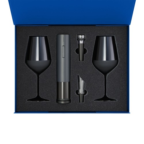 Подарочный набор 2 бокала для вина Сапфир (Sapphire) + набор для вина с электрическим штопором Сакраменто (Sacramento), в синей коробке