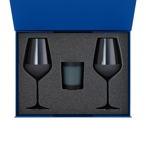 Подарочный набор свеча Энигма (Enigma) + 2 бокала для вина Сапфир (Sapphire) в синей коробке