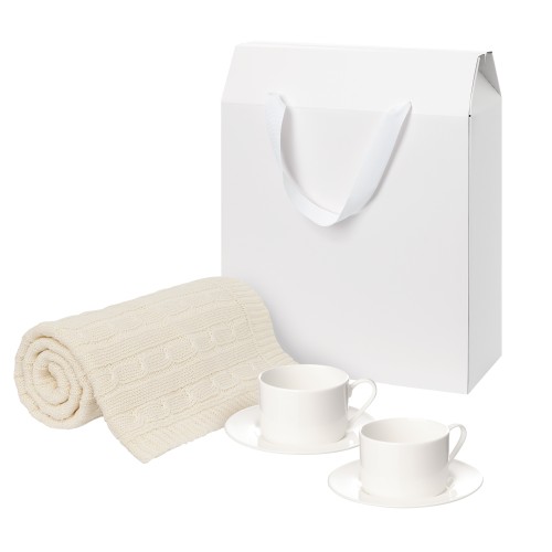 Подарочный набор Мокко (Mokko), Фадо (Fado), бежевый в коробке-пакете (две чайных пары, плед)