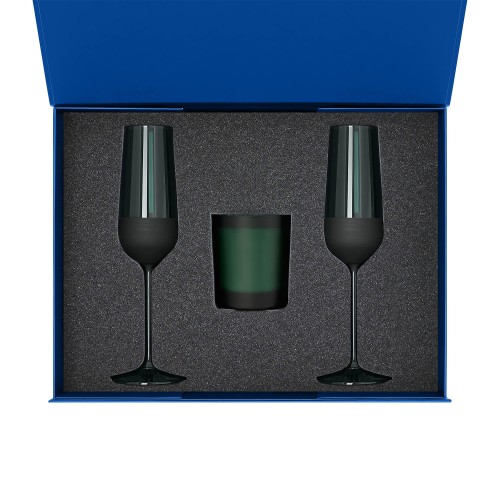 Подарочный набор свеча Энигма (Enigma) + 2 бокала для шампанского Эмеральд (Emerald) в синей коробке