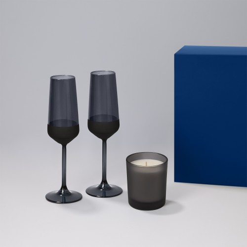 Подарочный набор свеча Энигма (Enigma) + 2 бокала для шампанского Блэк Эдишн (Black Edition) в синей коробке
