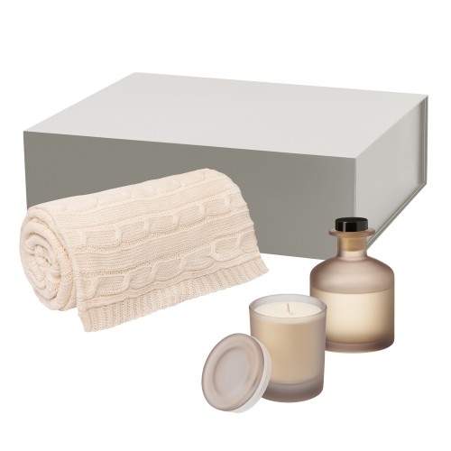 Подарочный набор Мизу (Mizu), Фадо (Fado), бежевый (свеча, диффузор, плед)