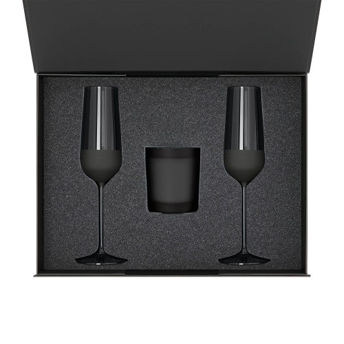 Подарочный набор свеча Энигма (Enigma) + 2 бокала для шампанского Блэк Эдишн (Black Edition) в черной коробке