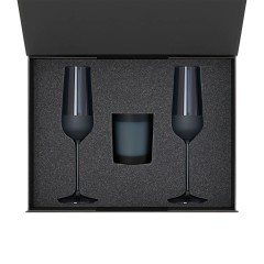 Подарочный набор свеча Энигма (Enigma) + 2 бокала для шампанского Сапфир (Sapphire) в черной коробке