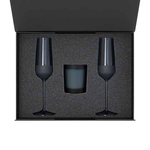 Подарочный набор свеча Энигма (Enigma) + 2 бокала для шампанского Сапфир (Sapphire) в черной коробке